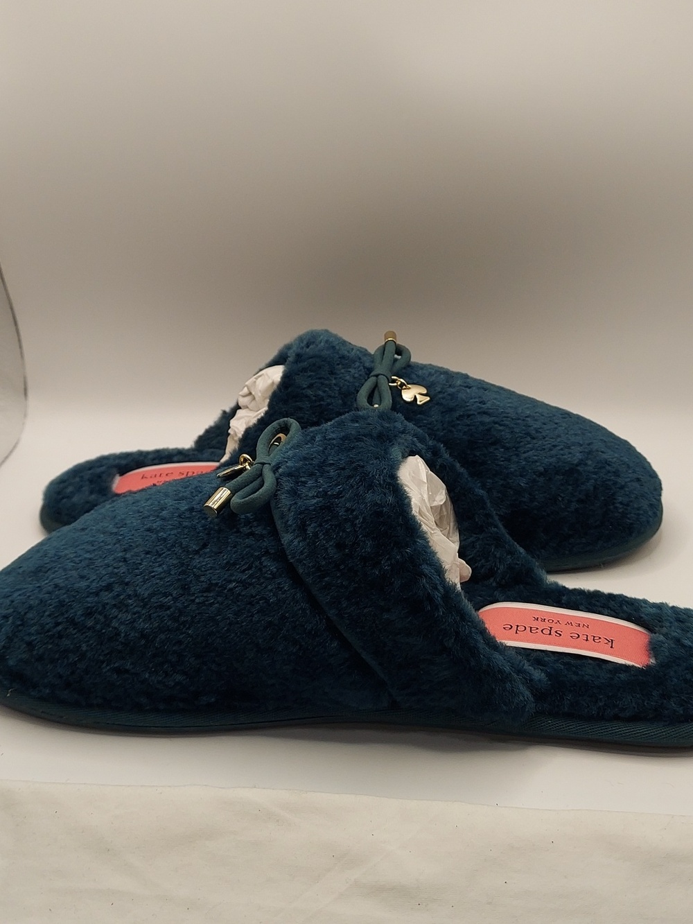 Kate Spade Lucy Faux Fur Slippers In Peacock Sapphire Green Sz US 10
